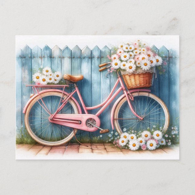 Postal Bicicleta rosa vintage con margaritas (Anverso)