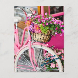 Postal bicicleta rosa y flores