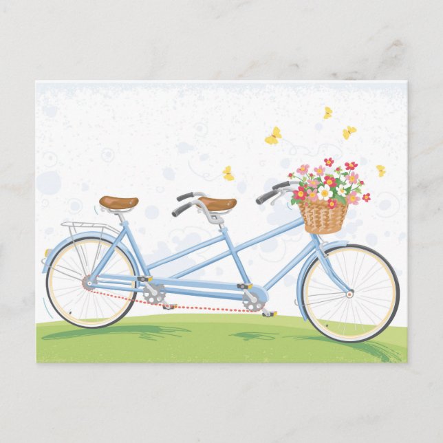 Postal Bicicleta tándem con cesta de flores (Anverso)