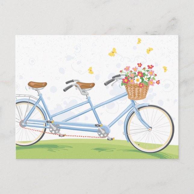 Postal Bicicleta tándem con cesta de flores (Anverso)