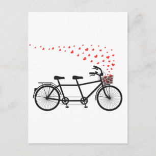 Postal bicicleta tándem con corazones rojos