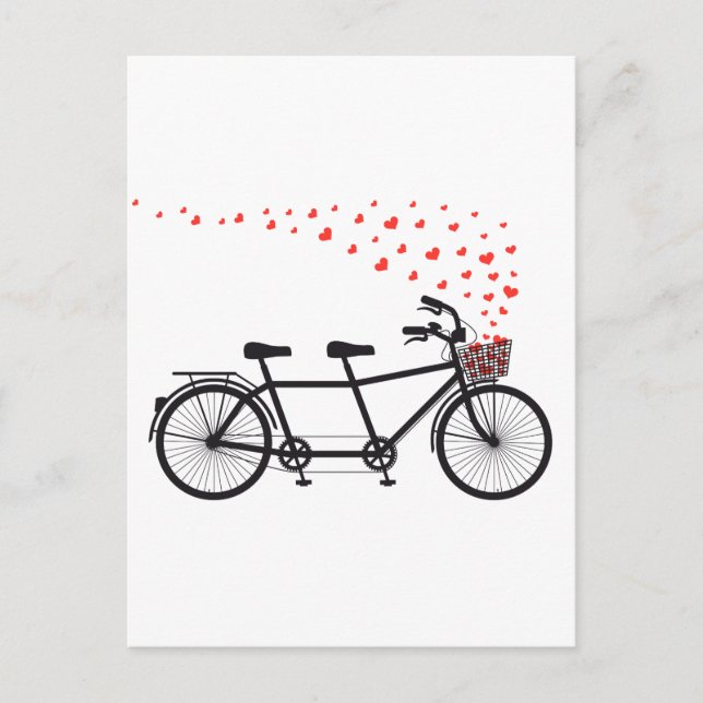 Postal bicicleta tándem con corazones rojos (Anverso)