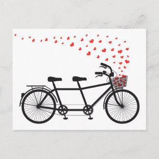 Postal bicicleta tándem con corazones rojos