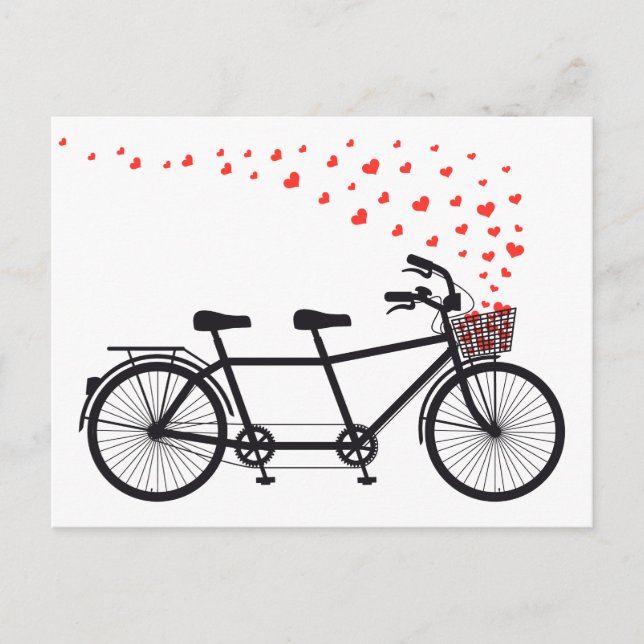 Postal bicicleta tándem con corazones rojos (Anverso)