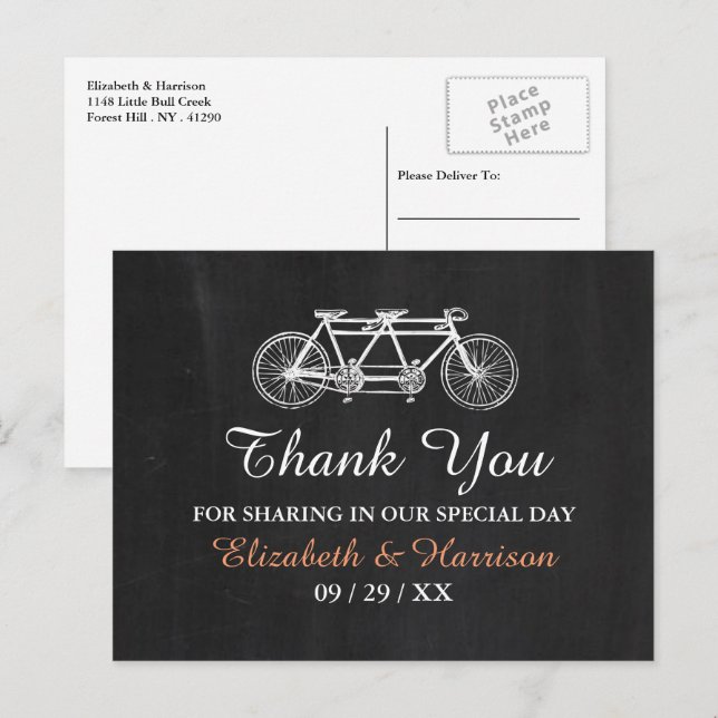Postal Bicicleta Tandem en Pizarra Agradecimiento de Boda (Anverso / Reverso)