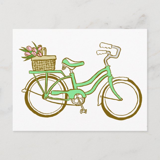 Postal Bicicleta verde bonito con tulipanes (Anverso)