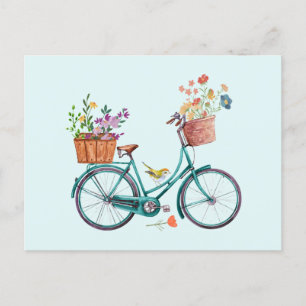 Postal Bicicleta Vintage Acuarela con Cestas de Flores