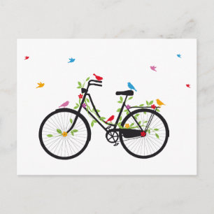 Postal Bicicleta vintage con flores y aves
