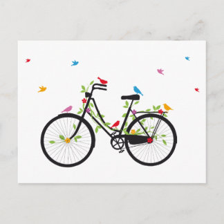 Postal Bicicleta vintage con flores y aves
