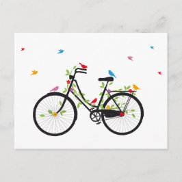 Postal Bicicleta vintage con flores y aves