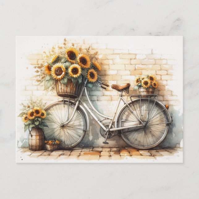 Postal Bicicleta vintage con girasoles acuáticos (Anverso)