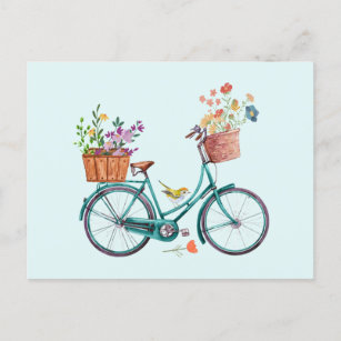 Postal Bicicleta Vintage de color agua con cestas de flor