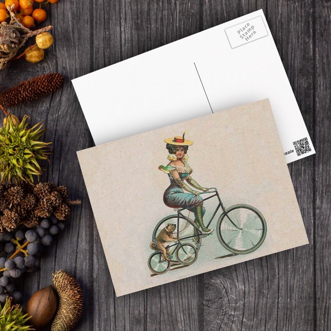 Postal Bicicleta virgen Lady Dog (Victorian lady riding a bicycle beside her bulldog riding a bicycle on a tan postcard.)