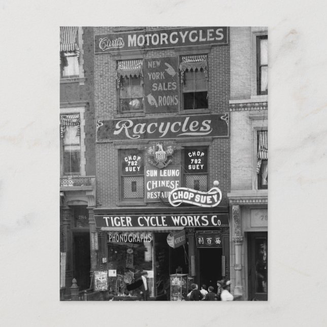 Postal Bicicletas, motocicletas y Chop Suey, a principios (Anverso)