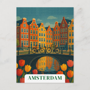Postal Bicicletas Vintage de Amsterdam en Puente con Flor