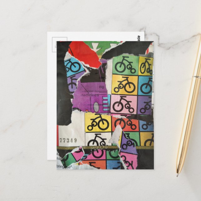 Postal Bicycles colorful mixed media collage (Anverso/Reverso In Situ)