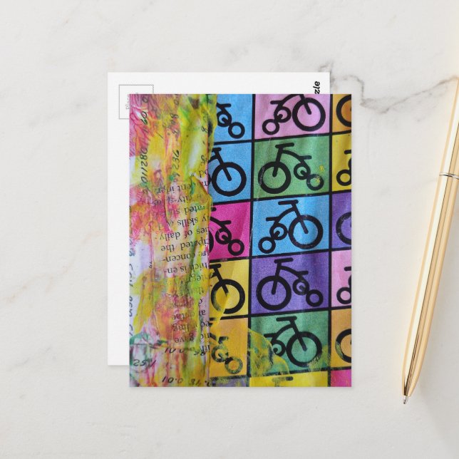 Postal Bicycles colorful mixed media collage (Anverso/Reverso In Situ)
