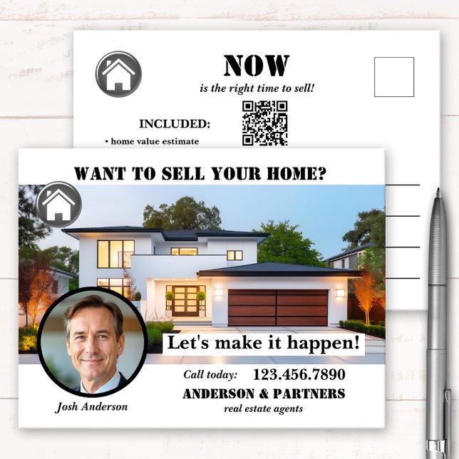Postal Bienes Raíces Profesionales Venden una Casa (Marketing postcard for real estate agents featuring a house  photo with logo and QR code templates)