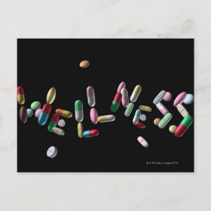 Postal 'BIENESTAR' escrito con pastillas