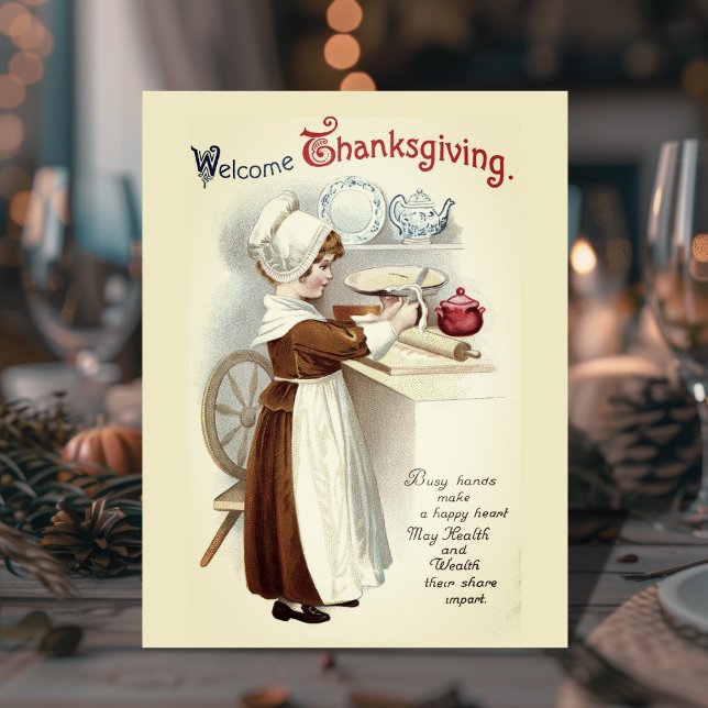 Postal Bienvenida al Chica de peregrinos ventilado de Acc (Welcome Thanksgiving Vintage Pilgrim Girl Postcard)