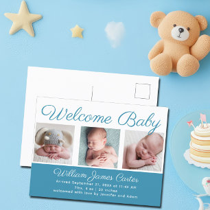 Postal Bienvenida Bebé Niño Azul Cute recién nacido Foto 