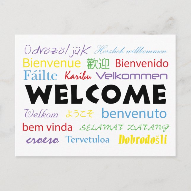 Postal Bienvenida colorida en muchos idiomas Backgroun bl (Anverso)