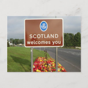 Postal Bienvenido a Escocia - Rótulo fronterizo angloesco