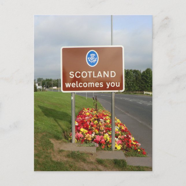 Postal Bienvenido a Escocia - Rótulo fronterizo angloesco (Anverso)