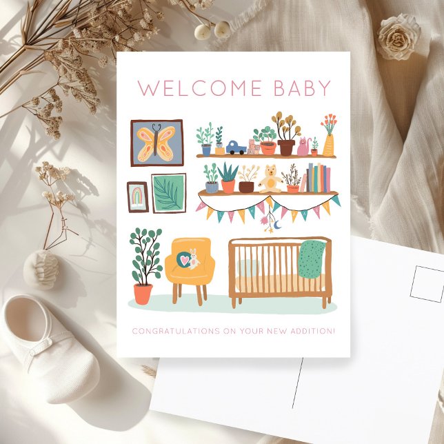 Postal BIENVENIDO BEBÉ Guardería linda Neutral en cuanto  (WELCOME BABY Cute Nursery Gender Neutral Congratulations New Baby Girl Postcard
)