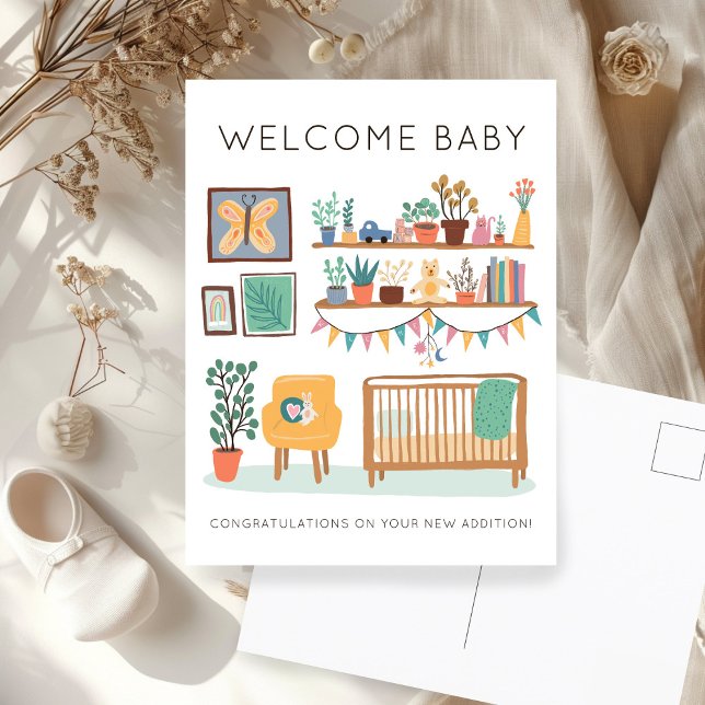 Postal BIENVENIDO BEBÉ Guardería linda neutral en género  (WELCOME BABY Cute Nursery Gender Neutral Congratulations New Baby Postcard
)
