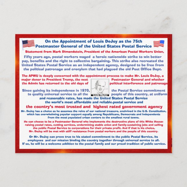Postal Bienvenido Louis DeJoy a la USPS#108 (Anverso)