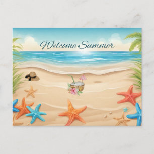 Postal Bienvenido verano playa tropical, estrella de mar