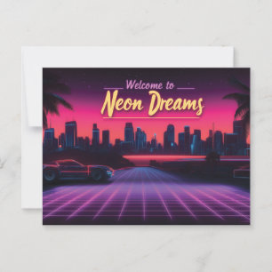 Postal Bienvenidos a Neon Dreams - Retro Wave Cityscape