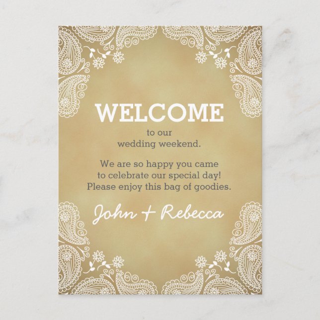 Postal Bienvenidos a Nuestra Boda Rústica Paisley (Anverso)