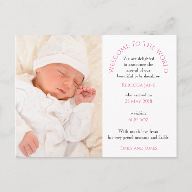 Postal Bienvenidos al World Baby Girl Photo Text White (Anverso)