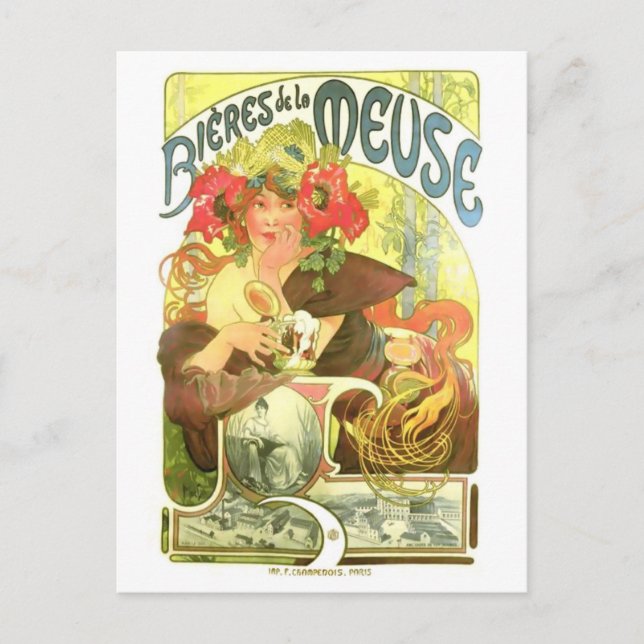 Postal Bières de la Meuse, Alphonse Mucha (Anverso)
