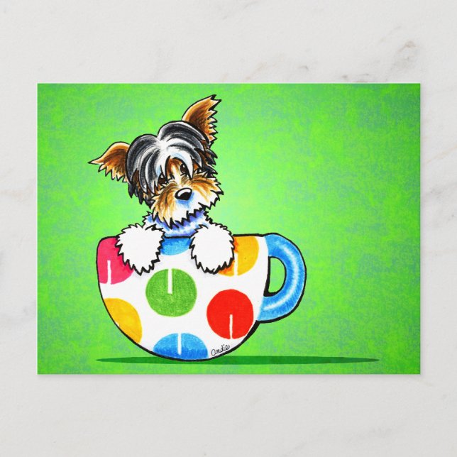 Postal Biewer Yorkie Polka Dot Cup Green (Anverso)