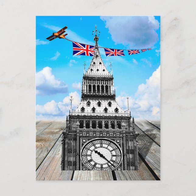 Postal Big Ben, aeroplano, Union Jacks, Surreal London (Anverso)