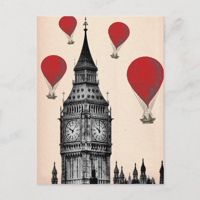 Postal Big Ben y globos de aire caliente rojos 2 (Anverso)