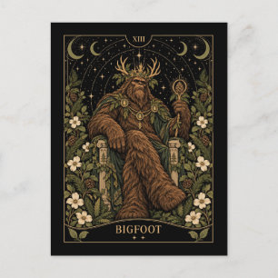 Postal Bigfoot, arte del tarot iluminado por estrellas