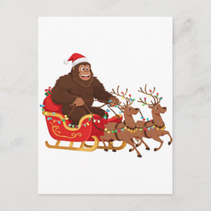 Postal Bigfoot montando un trineo de Navidad a través de