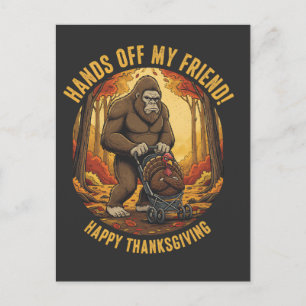 Postal Bigfoot Sasquatch y Pavo en el otoño de Acción de