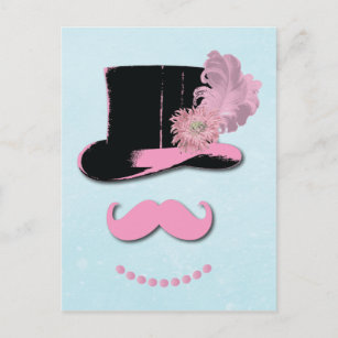 Postal bigote rosado, sombrero de cabeza, plumas, flor