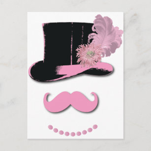 Postal bigote rosado, sombrero de punta, plumas y flor