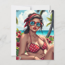 Postal Bikini rojo, gafas de sol y mujer andana