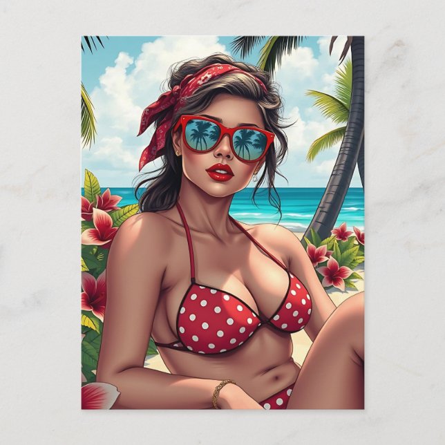 Postal Bikini rojo, gafas de sol y mujer andana (Anverso)