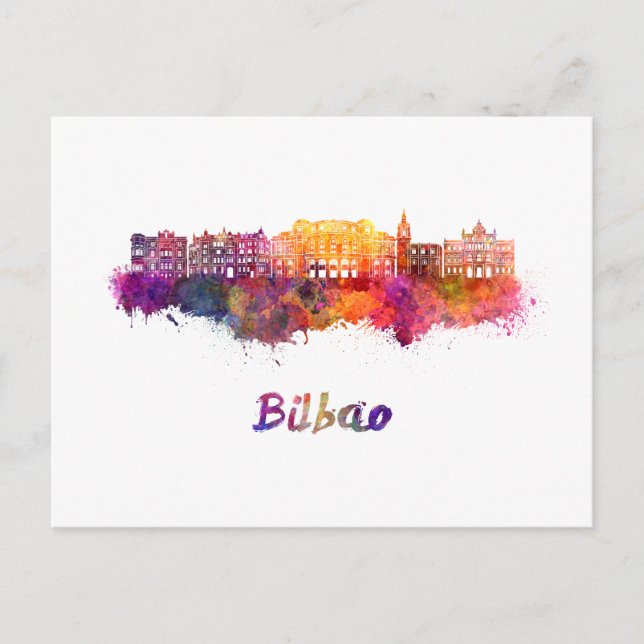 Postal Bilbao skyline in watercolor (Anverso)