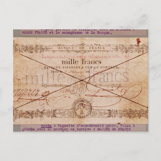 Postal Billete de 1000 francos de 8 floreal, An X (Anverso)