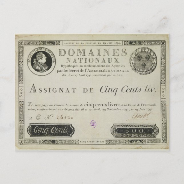 Postal Billete de quinientos vidas, 19 de junio de 1791 (Anverso)