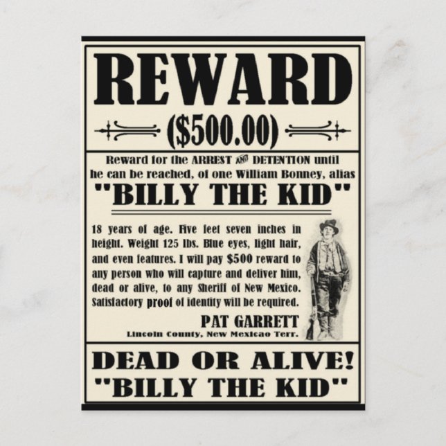 Postal Billy the Kid Wanted Poster (Anverso)